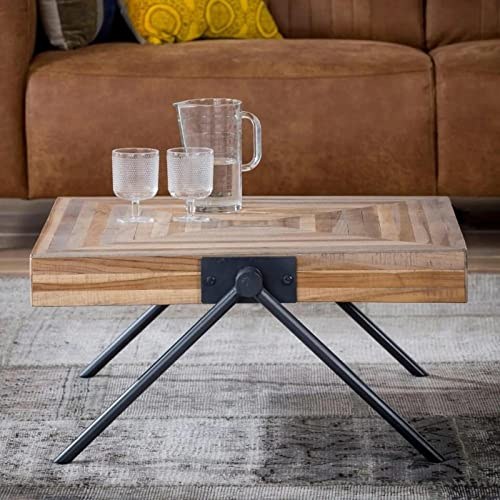RINGO-Living eckiger Massivholz Couchtisch Industrial Style Sagara aus Teakholz, 70x70cm, Natur-dunkler Wohnzimmertisch viereckig mit schwarz-matten Metallbeinen, Holztisch Wohnzimmer Braun & Schwarz