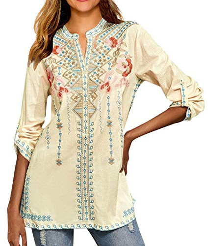 FAWHEWX Mujer Bordado Estilo Indio Boho Algodón Tops Camisas de Manga Larga Casual Suelto Túnica Camisas Verano Mujer Boho Tradicional Étnico Túnica Camisas(Beige/XL)