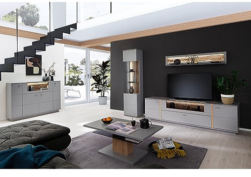Lomadox Wohnzimmer Set in grau lackiert mit Wandboard inkl. Glasboden, Highboard mit sichtbarer Rückwand in Eiche, Couchtisch, Glasvitrine und TV-Board mit Glasklappe