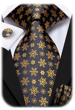 Hi-Tie Herren Schwarz Gold Krawatte Set Schneeflocke Weihnachten Krawatte und Einstecktuch Manschettenknöpfe für Business Hochzeit