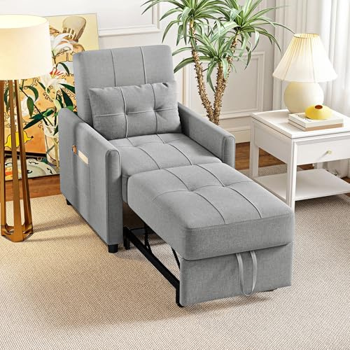 HOMCOM Compact Single Chair Bed, Pull Out Bed, Convertible Sleeper Chair with Adjustable Backrest, Pillow, Side Pockets for Home Office, Bedroom, Living Room, Light Grey