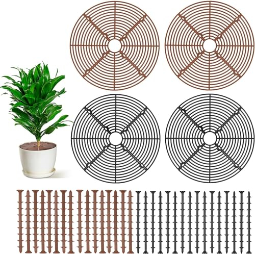 Zocipro 4Pcs Plant Pot Soil Guard, Cuttable Flower Pot Soil Cover Protectors with Deep Stakes, Children Pets Safety Plant Garden Cover Grid Frame, 11.8 Diameter (Brown+Black)