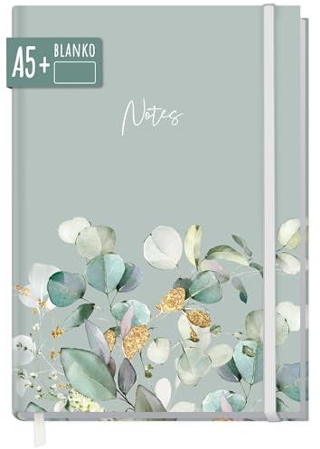 Häfft paper&you® Notizbuch A5+ blanko mit Gummiband Minty Leaves 156 Seiten, 78 Blatt - als Journal Skizzenheft Skizzenbuch Tagebuch Notizheft - nachhaltig & klimafreundlich