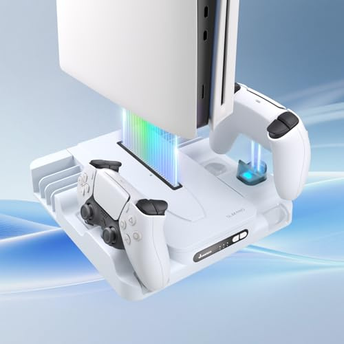 JUSEISIN Station de charge pour PS5 avec ventilateur de refroidissement et support de carte de jeu, ventilateur à 3 compartiments, pour consoles PS5/Slim/Pro, double manette, station de charge rapide
