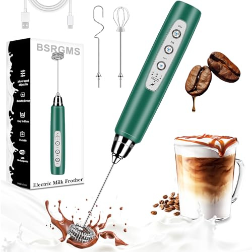 BSRGMS Espumador de leche de mano para café, batidor eléctrico de 3 velocidades ajustable, mezclador de bebidas con 3 batidores de acero inoxidable, varita espumadora de mano recargable, máquina de