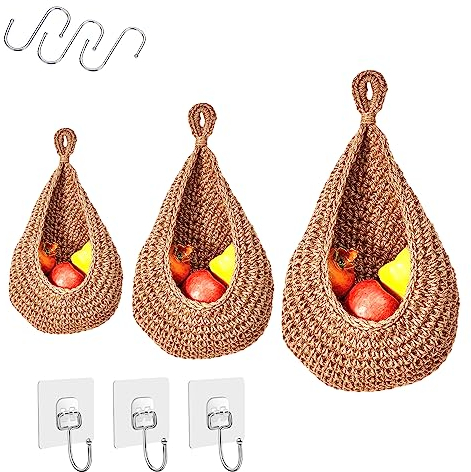 3 Stück Hängekorb Obstkorb Hängend Wandkorb: Aufbewahrungskorb Fruit Basket Obstkorb Wand Hängekorb 3 Wandaufkleber+3 Haken, Handgewebt Baumwollseil Gemüsekorb Dekorativer Hängekörbchen für Küche