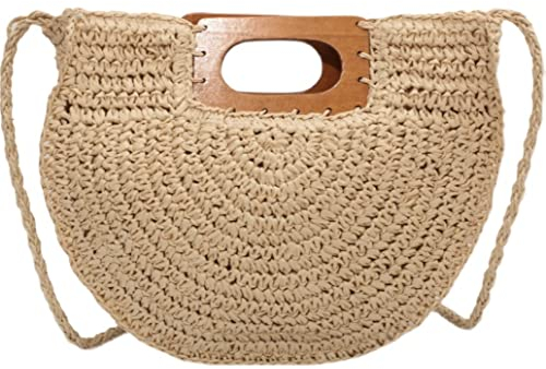 ASHSDI Strohtaschen Damen Strandtasche Rattan Gewebt Strand Rund Gewebte Handtasche Damen Große Kapazität Schultertasche Damen Urlaub Sommer Strohsack Strandtasche