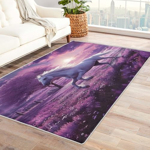 Pferde Teppich Kinderzimmer - Teppich Wohnzimmer Schlafzimmer Pferdemotiv, Großer Teppich Mädchen Pferd Lila, Weich Kurzflor & Waschbar & Rutschfest Wohnzimmerteppich, Kinderteppich, 160x230 cm