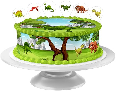 Torten-Dekor Set – Dinosaurier – Essbares Set mit Tortenband, Tortenaufleger (20 cm) & 6 Einsteckoblaten – Perfekte Kuchendeko für jede Gelegenheit