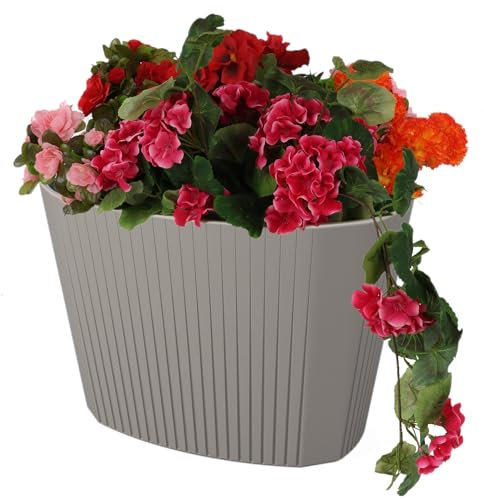 botle Pot de fleurs avec grand insert - Couleur taupe - Ovale - 59,5 x 39 cm - Hauteur : 41 cm - Surface rainurée - Plastique mat - Moderne - Glamour - Pour terrasse, jardin, balcon