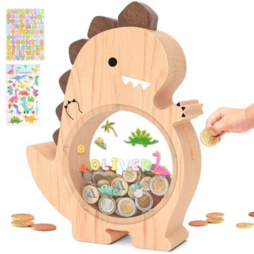 Summidate Dinosaurie spargris av trä för barn och pojkar, söt dino-spargris av trä för småbarn, kreativ spargris, personlig gåva för barns födelsedag och dekoration