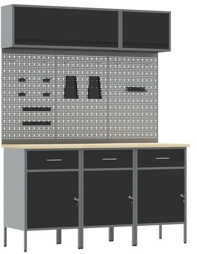 vidaXL Arbeitsschrankset mit Schubladen mit Speicher 8 pcs Schwarz, Werkstatt-Schrank, moderne Aufbewahrung für effiziente Werkzeugorganisation, robustes pulverbeschichtetes Stahl