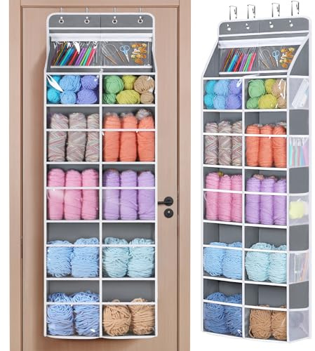 Univivi 6 Tiers Hanging Yarn Storage Organizer, Large Yarn Organizer, Grey | Large Capacity, High Load-Bearing Capacity, 12 Deep Clear Pockets, Over Door Yarn Holder for Crochet Hooks, Knitting Needles