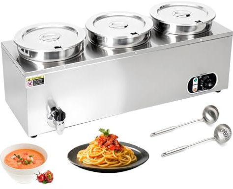 Scaldavivande Elettrico Commerciale, Bagnomaria con Rubinetto, Pentola Isolante per Buffet in Acciaio Inossidabile da 7 L, Scaldazuppe/Formaggi/Salse, Controllo Della Temperatura 30-85°C,7L x 3-110V
