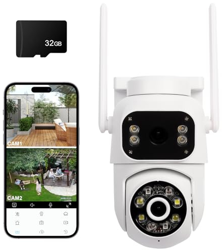 Dual-Lens Security Camera Outdoor, 2K PTZ WiFi CCTV Camera with 32G SD Card, 360°View, Auto-Tracking, Color Night Vision, Two-Way Audio, Siren & Spotlight, IP66 Weatherproof CCTV for Home Security