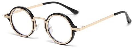 LJCZKA Round Blue Light Blocking Glasses for Men Women Retro Small Circle Metal Frame Computer Gaming Eyeglasses Anti Glare Eyewear Clear Lens (Gold Black, 0.0, x)
