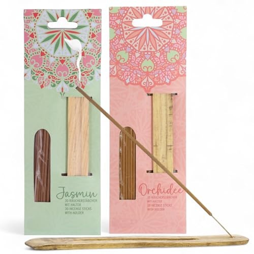 MIJOMA Juego de 2 varillas de incienso – 62 piezas con soporte de madera – 2 aromas de jazmín y orquídea – 30 varillas de incienso de 20 cm aprox. + 2 soportes de madera – Varillas aromáticas para