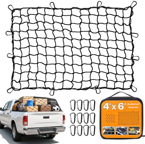 Filet de Chargement Robuste Élastique 180x120cm Extensible à 360x240cm,Filet de Remorque Élastique avec 12 Mousquetons en Métal et Sac de Rangement,Filet Remorque pour Remorque pour Pickup,SUV,Fourgon