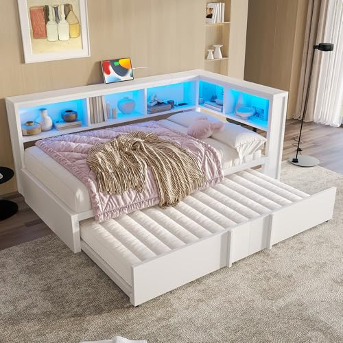 Mielvu Metall-Tagesbett, 90 x 200 cm, mit Ausziehbett, Stauschränken, LED-Beleuchtung und USB-Anschlüssen (Weiß)