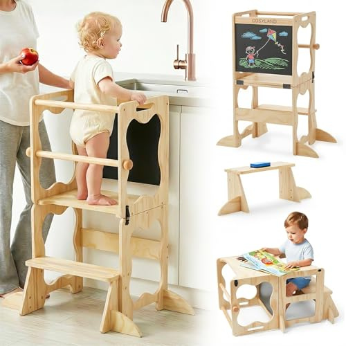 COSYLAND Montessori Torre de Aprendizaje para niños a Partir de 1 año, Torre de Aprendizaje Plegable 3 en 1 con Pizarra, Torre de Aprendizaje con Doble protección anticaídas, Silla de Aprendizaje