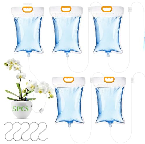 5 sacchetti per irrigazione automatica delle piante, 3,5 l, per innaffiare le piante, per interni, con 5 ganci, flusso regolabile, interruttore della valvola, per irrigazione delle piante in vacanza e