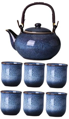 TOYANDONA Service à Thé Chinois Traditionnel en Céramique Bleu, Théière 800ml Résistante Haute Température avec 6 Tasses 130ml, pour Cérémonie de Thé ou Pause Bureau
