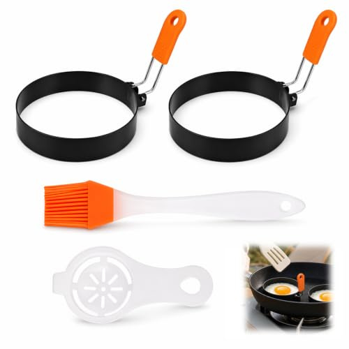 Silicone Egg Rings, Egg Rings for Frying, Fried Egg Ring, Non-Stick Egg Moulds, Round Fried Eggs for Sandwiches, Breakfast Cooking Tools, 4-Piece Egg Ring Set with Egg Separator and Brush (Orange)