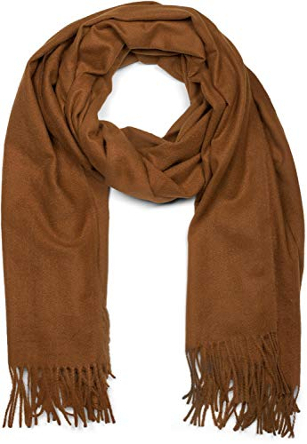 styleBREAKER Unisex Langer Schal einfarbig mit Fransen, Winter Stola Warm Unifarben, Weiches Tuch Viskose 01017104, Farbe:Cognac