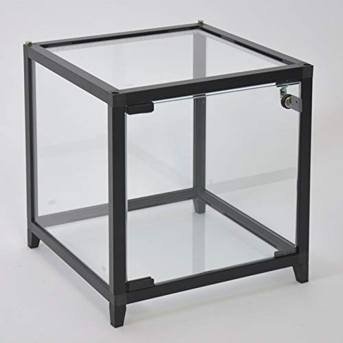 MHN Vitrinenwürfel T 42,8 x B 42,8 x H 42,8 cm - kleine Glasvitrine Würfel abschließbar - beleuchtete Aufsatzvitrine - quadratische Vitrine Glas - schwarzer Schaukasten LED-Beleuchtung