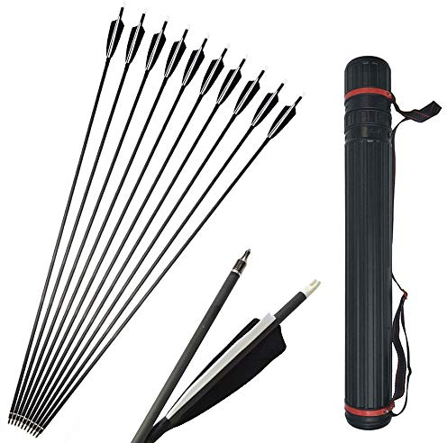 SHARROW 12 Stücke Carbonpfeile 34 Zoll Bogenpfeile mit Naturfedern Jagd Pfeile für Bogen 500 Spine mit Pfeilköcher für Recurvebogen Compound Bogen (Pfeile+Köcher)