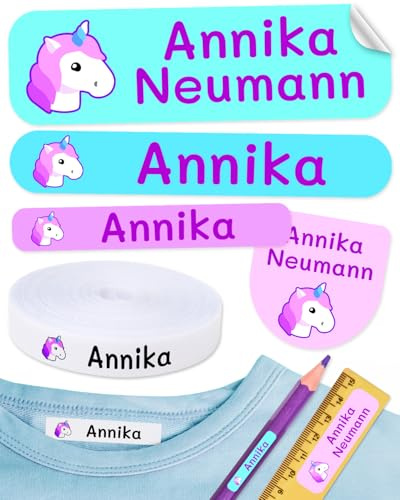 155 Namensschilder für Kleidung und Schulsachen: 55 Namensaufkleber für Kinder + 100 Bügeletiketten mit namen für Kindergarten und Schule. Etiketten von Schulmaterial, Tupern, Büchern, Bleistiften.