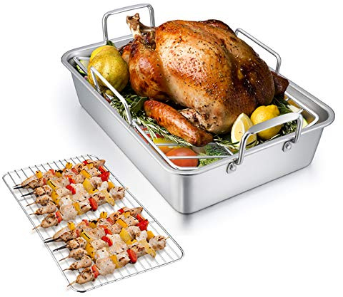 TeamFar Roasting Pan with Rack, 14 Inch Stainless Steel Turkey Roaster Lasagna Pan with V-Shaped Rack & Cooling Rack, Healthy & Sturdy, Brushed Surface & Dishwasher Safe, Rectangular - Set of 3