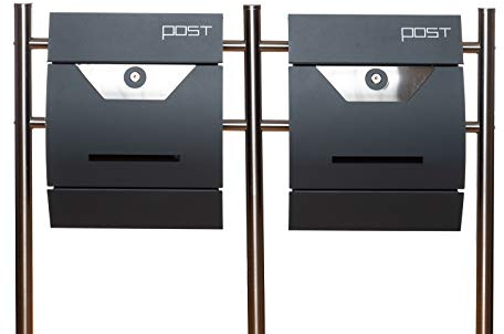 Design Doppel Briefkastenständer Set (Ständer und 2 Briefkästen mit Zeitungsfach) Edelstahl 120 cm hoch in Mehreren Farb Designs Rostfrei (Set mit Silber/Eeldstahl)