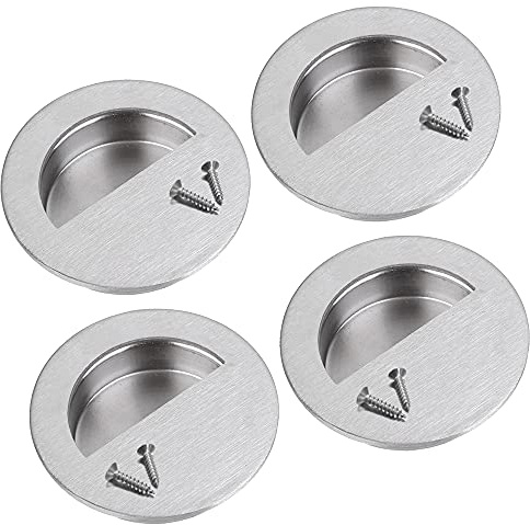 Mesee 4 Pieces Recessed Door Handles 60mm Stainless Steel Round Flush Sliding Pull Cabinet Handle Hidden Finger Pulls Circular Drawer Handles with Concealed Screws for Dresser Closet Door Handle