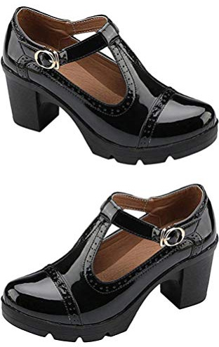 Holibanna Block Heel Women T- Strap Buckle Shoes Platform Heels Chunky Pumps Brogue Pumps Janes Oxfords Round Toe Dress Shoes (Black 40)