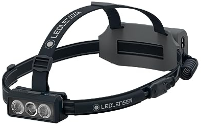 Ledlenser NEO9R LED Stirnlampe Joggen | Extrem helle 1200 Lumen Kopflampe | Lauflampe mit Akku wiederaufladbar | rotes Signallicht | reflektierendes Stirnband | schwenkbarer Lampenkopf | schwarz/grau