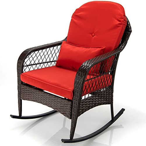 COSTWAY Sedia a Dondolo in Rattan per Cortile, Poltrona da Esterno con Cuscini Morbidi, Struttura in Acciaio Resistente, Sedile Ergonomico per Piscina Balcone Giardino, Carico Massimo 110 kg