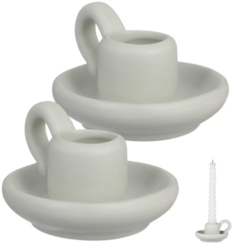 Angoily 2PCS Taper Candle Holders, Candle Stick Holders with Handle, Decorative Ceramic Candle Holder for Halloween Christmas Dining Room Home Decoration Display (White)