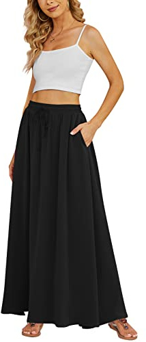 Yincro Women's Flowy Maxi Skirt Summer Pleated High Waisted Casual Long Skirts with Pockets (Black, M)