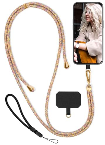 moex Unleash für Google Pixel 7 Pro Handyband zum Umhängen ohne Hülle, Handykette Universal mit Karabiner, Handy Band abnehmbar, Kette mit Pad für Handyhülle, Bunt, Gold