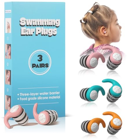 Kids Swimming Ear Plugs for Small Ears, 3 Pairs Reusable Silicone Waterproof Earplugs for Swimming, Surfing, Showering - Water Ear Plugs for Children & Teens Ages 4-12