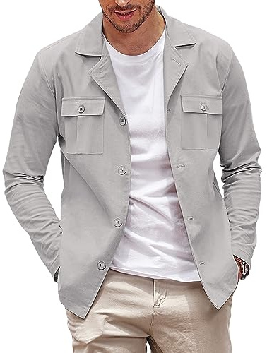 COOFANDY Chaqueta Tipo Camisa Estilo Informal para Hombre de Manga Larga, con Botones, sobrecamisa Ligera con Bolsillos, Gris Claro, Medium