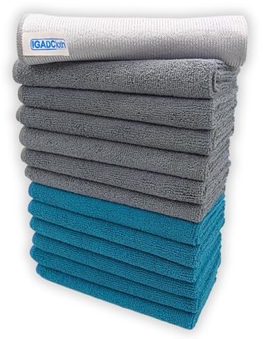 12 +1 free glass cloth, 40x40cm IGADCloth, Blue Lagoon and Grey Microfibre Cleaning Cloths, Durable Cleaning Cloths for a Pristine Clean, Ideal Microfiber Cloth for all Surfaces