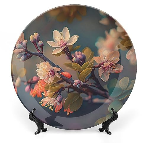 Gokays Decorative Plates for Wall Hanging, Spring Flowers Blossom Ceramic Plate, Wobble-Plate with Display Stand, Home Decor for Kitchen Cabinets, Farmhouse Round Tray 6 Inch