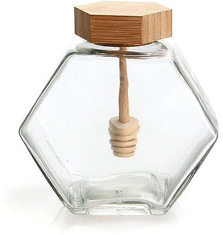 LAVAMI Vorratsgläser – sechseckige Honiggläser aus Glas, transparenter Honigtopf mit Holzschöpflöffel und Deckel, einfacher Honigspender for die Küche zu Hause – 380 ml (13 Unzen) – transparent