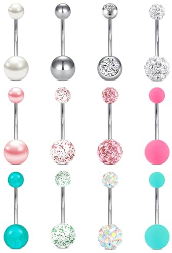 FECTAS 12pcs Belly Bars Pack 14mm Belly Button Bars Set Edelstahl Belly Button Piercing Bauchnabel Ringe Piercing Schmuck 14G Silber Rosa Grün