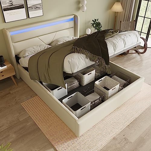 KUAKE Polsterbett 160 x 200cm, mit LED Lattenrost, Hydraulisches Funktionsbett mit Stauraum, Doppelbett Bettgestell mit Bettkasten & Kopfteil,Mit Fernbedienung (Weiß, 160x200cm)