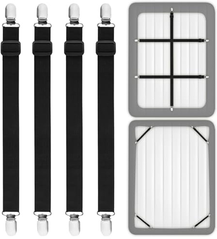SUNRIZ Bettlakenspanner, 4 Stück Bettlakenspanner Verstellbar, Elastische Bettlaken Spanngurte mit Metallclips, Bed Scrunchie für Bettlaken,Matratzen,Sofa,Bügelbrett,Kinderbett (Schwarz, 30-100MM)