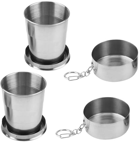 2 Stück Faltbecher, Edelstahl Faltbare Metallbecher, Reisenklappbecher 250ml, Tragbar Reisebecher, Edelstahl Becher, Teleskop Becher Reisebecher Mit SchlüSselbund, für Reise Picknick Wandern Outdoor