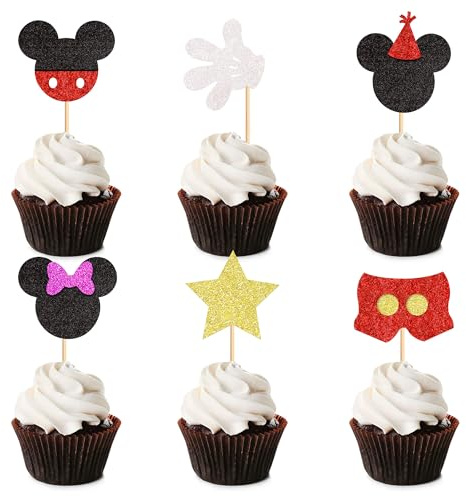 Blumomon 24Pcs Glitter Mouse Cupcake Toppers Mouse Cake Decorations，Baby Shower Cupcake Toppers for Boy Birthday Party Decorations Baby Shower Party Decoration Supplies